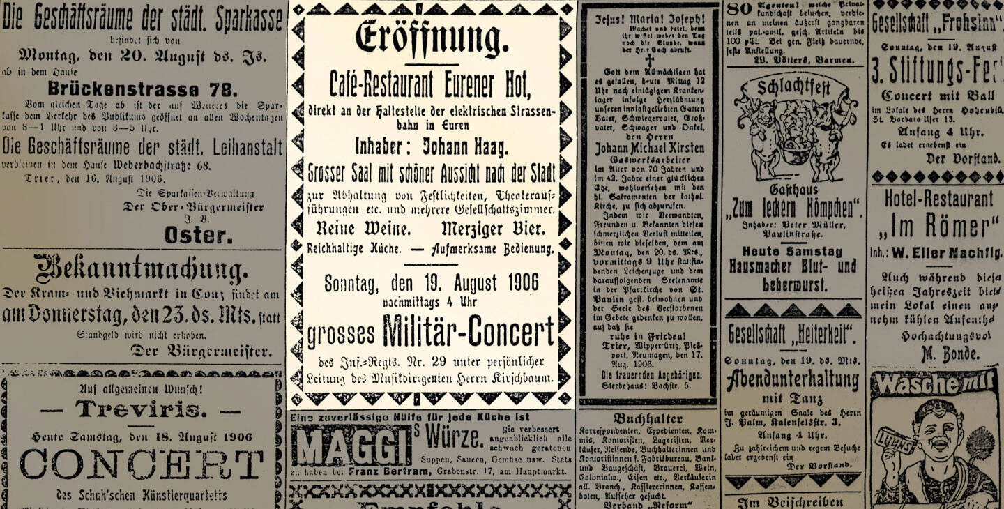 Zeitungsartikel Hotel Eurener Hof seit 1906 in Trier im Stadtteil Euren an der Mosel